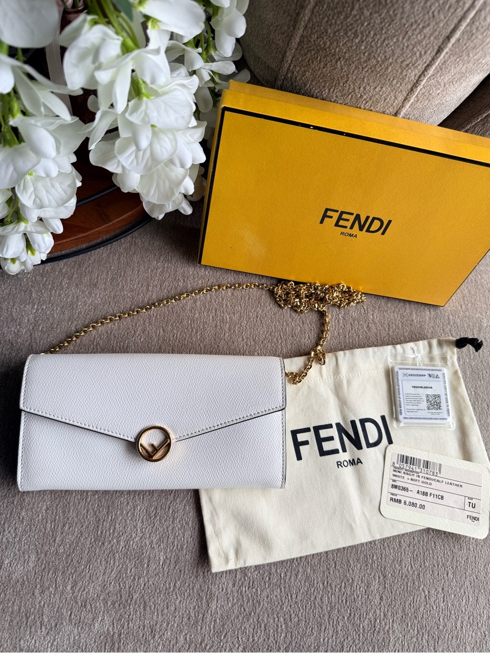 Fendi Pure White Fendi First F Chain Wallet - Signature Gold Hardware Like New!